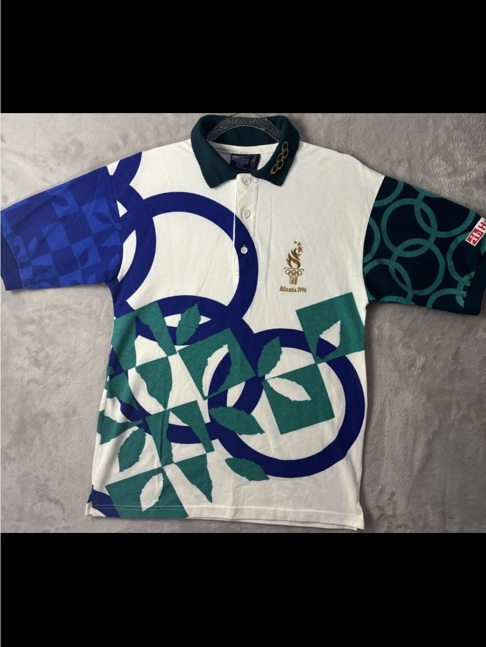 Vintage 1996 Atlanta Olympics Polo Shirt AOP Olympic Rings USA Hanes Small